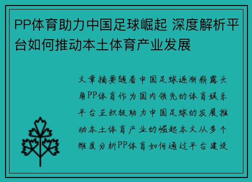 PP体育助力中国足球崛起 深度解析平台如何推动本土体育产业发展
