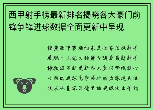西甲射手榜最新排名揭晓各大豪门前锋争锋进球数据全面更新中呈现